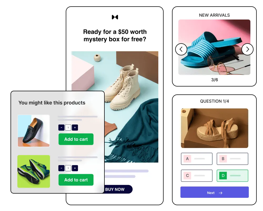 Collage of various digital marketing elements promoting fashion products, including shoes and accessories, with interactive features like "Add to cart" buttons, slider for "New Arrivals", and a quiz interface.