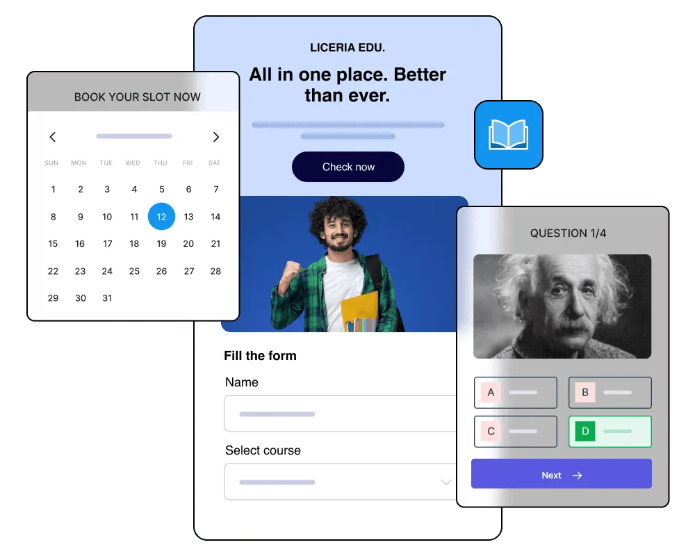 Collage of digital education and booking interfaces including a calendar for scheduling, a smiling young man holding books, a quiz interface with a photo of Albert Einstein, and a form to fill out with fields for name and course selection.