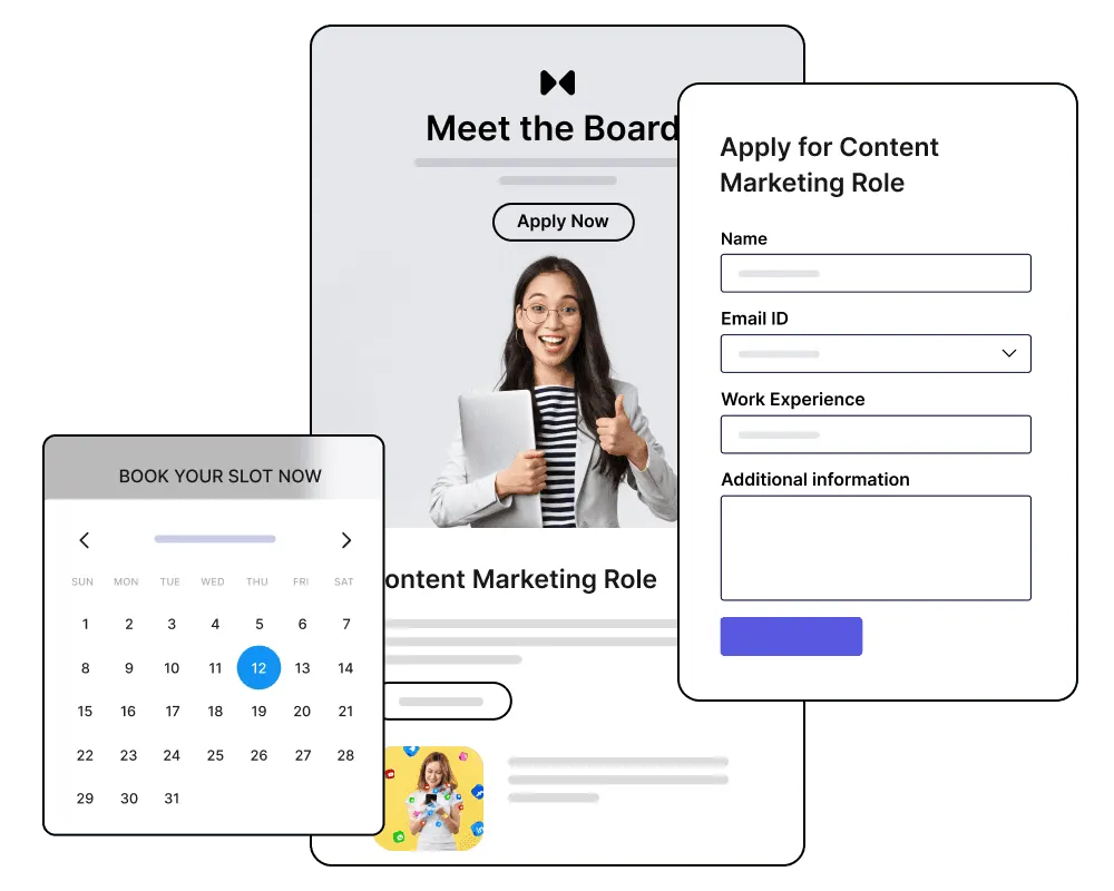 Graphic showing various digital interfaces with a cheerful woman giving thumbs up, displaying a content marketing job application, an event booking calendar, and a team introduction page.