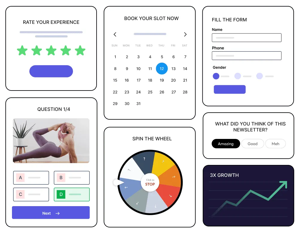 A collection of six different graphic interface designs including a customer experience rating panel, a calendar booking slot, a form filling interface, a multiple-choice quiz question with a photo of a woman stretching, and spin the wheel game