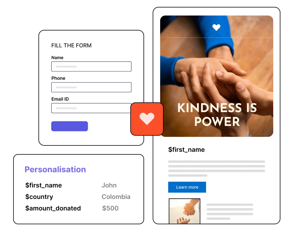 a photo of two people stacking hands with the text "KINDNESS IS POWER"; and a template showing personalized donor information with labeled fields for name, country, and donated amount, using the example name John from Colombia and donation of $500.