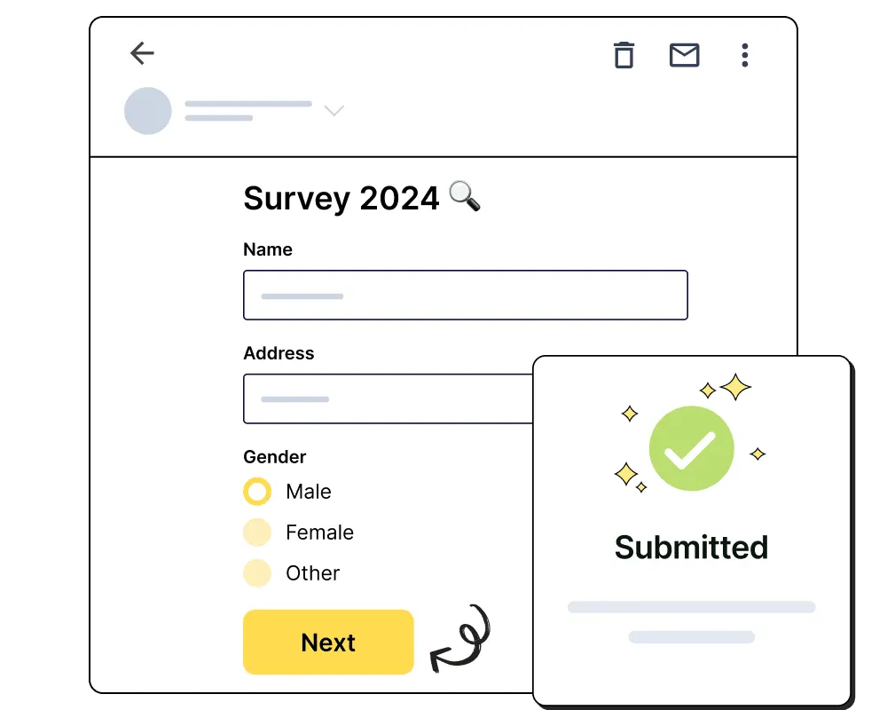Illustration of a digital survey form titled "Survey 2024" with fields for Name, Address, and Gender options displayed on a computer interface. There is a yellow "Next" button, and a "Submitted" confirmation window with a green check mark overlaid.